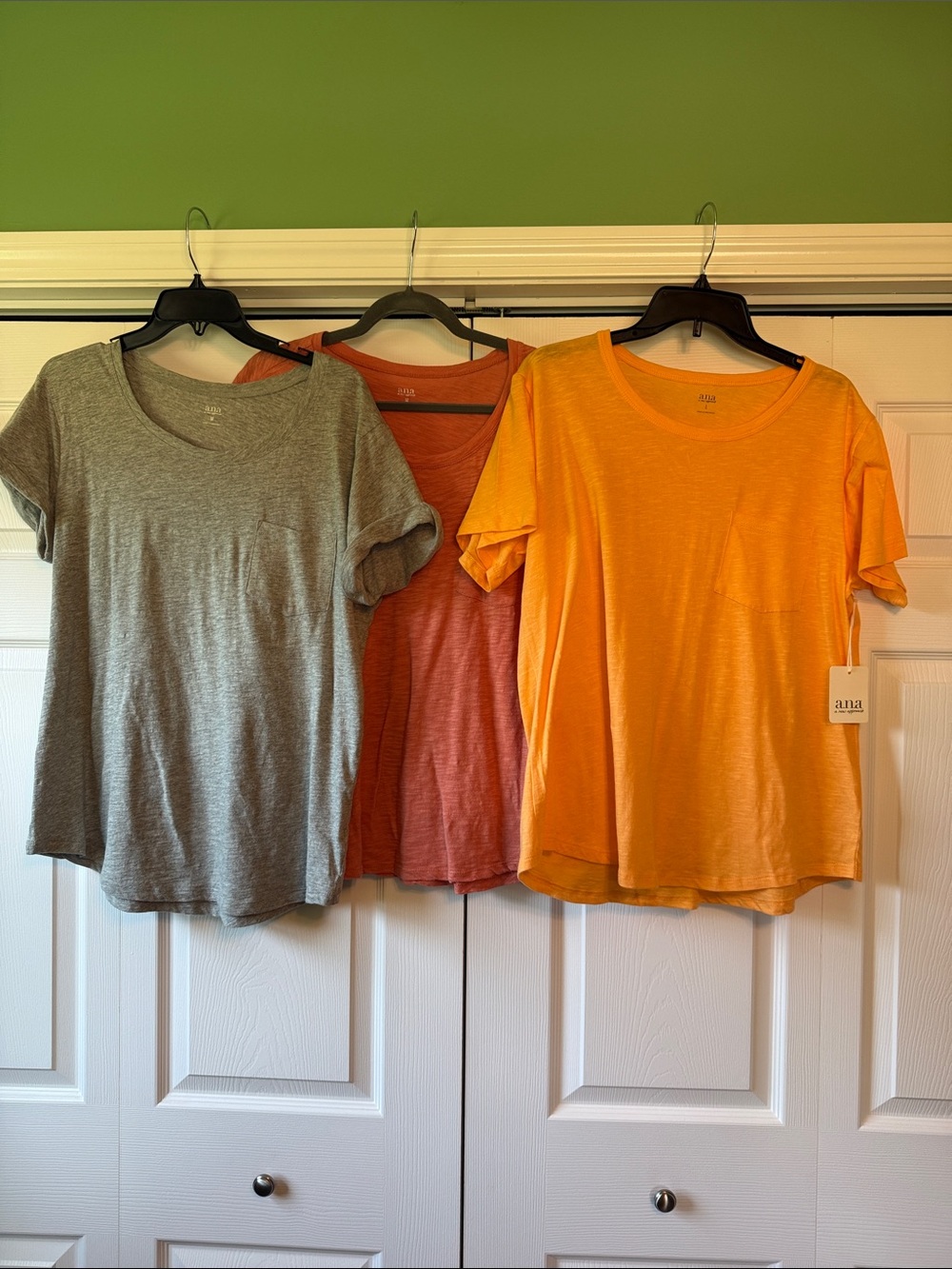 a.n.a Short-Sleeve Crewneck Pocket Tees in Gray, Coral, and Yellow